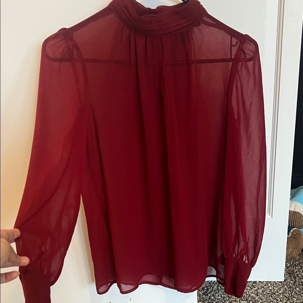 Forever 21 Burgundy Sheer Mock Neck Blouse